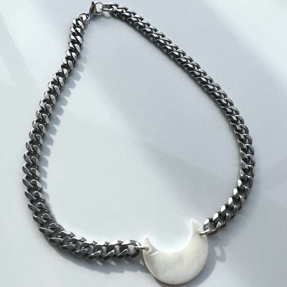 Mother of pearl moon stainless steel cuban link thick choker necklace boho - Picture 15 of 16